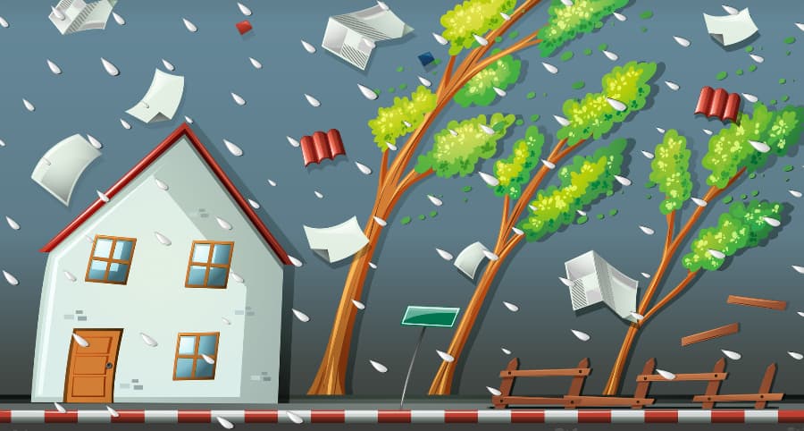 Illustration of a storm striking a house and surrounding environment